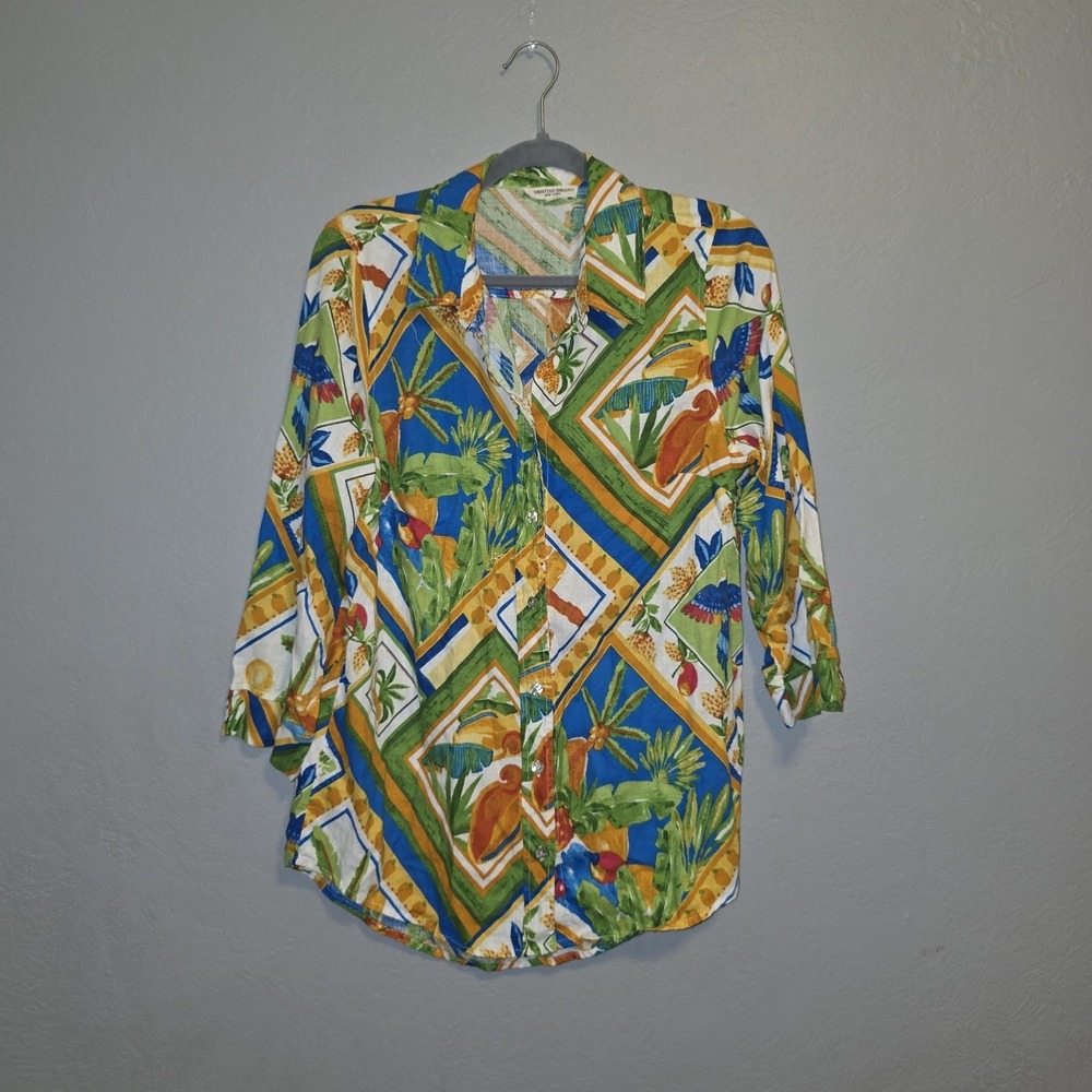 Christian Siriano Linen Blend Tropical Button Up Colorful Resort Beach Sz L